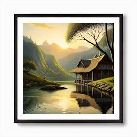 Asian House By The Lake Art Print