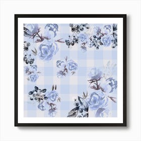 Gingham Ditsy Watercolor Flowers Blue Blueberries Art Print