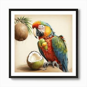 Parrot With Coconut Art Print