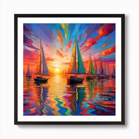 Sailboats At Sunset 6 Art Print