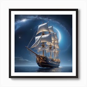 Sailing Ship At Night Art Print