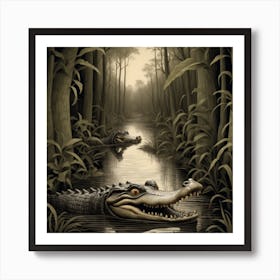 Alligator Lurking In A Swamp Filled With Intricate Illusionary Patterns That Evoke The Sense Of An Enigmatic And Hidden World Art Print