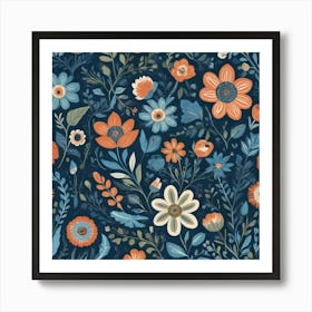 Folk Flowers Blue Art Print 2 Art Print