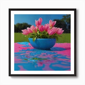 Pink Tulips In A Blue Bowl Art Print