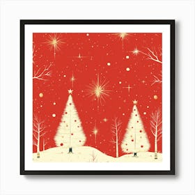 Christmas Trees On A Red Background Art Print