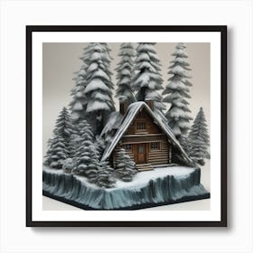 Small wooden hut inside a dense forest of pine trees with falling snow 3 Art Print