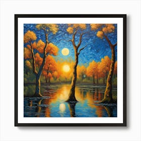 Twilight Harmony: Dual Orbs Over Golden Grove Reflections wall art Art Print