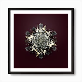 Vintage Allium Fragrans Flower Wreath on Wine Red n.0167 Art Print