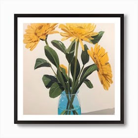 Yellow Gerberas In A Blue Vase Art Print