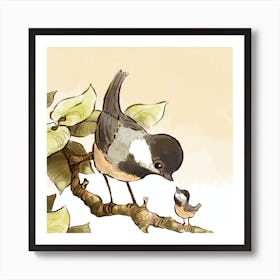 Chickadee bird young child baby mother mom mummy mum sweet Art Print