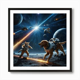 A dog and a cat fighting in the space Art Print