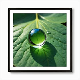 Glass Ball On A Green Leaf Reflecting The Sun And Forest Art Print