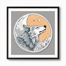 Sticker Art Design, Wolf Howling To A Full Moon, Kawaii Illustration, White Background, Flat Colors, (3) Art Print