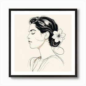 Portrait Of A Woman,A Single Elegant Line Drawing Of A Womans Profile With A Flower Art Print