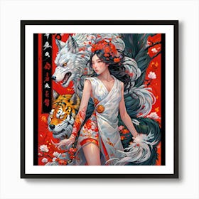 traditional Chinese Girl With a long hair , white Tiger and wolf Art Print