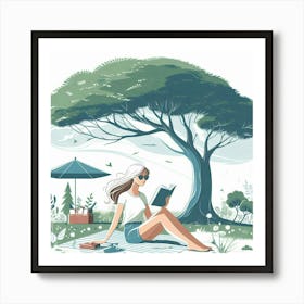 Girl Reading In The Park, Vector Style 1 Art Print