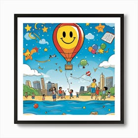 Cartoon Illustration Of A Hand Drawn Balloon Adorned With A Happy Face Floating Over A Bustling Beac Art Print