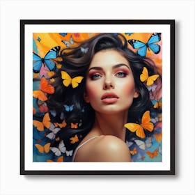 Painting of a woman surrounded by butterflies, art, wall art Art Print