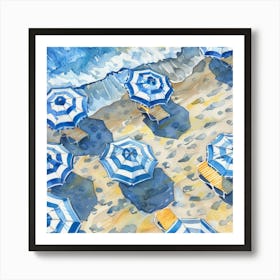 Blue Umbrellas On The Beach 1 Art Print