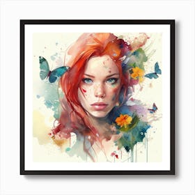 Watercolor Floral Red Hair Woman #8 Art Print