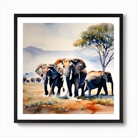 Elephants In The Savannah Art Print