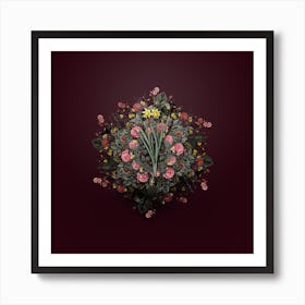 Vintage Lesser Wild Daffodil Flower Wreath on Wine Red n.0194 Art Print