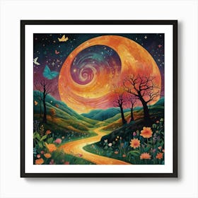 Moon And Butterflies Art Print