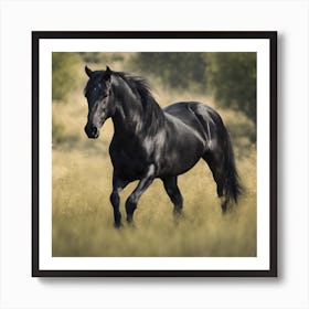 Black Horse Galloping In The Field Art Print