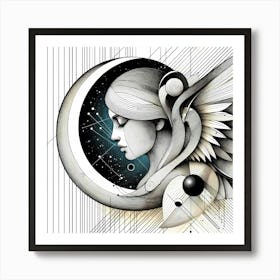 Angel and Moon - Abstract Line Art Illustration 48 Art Print