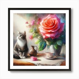 Cat And Roses Art Print