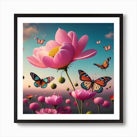 Lotus Flower With Butterflies Art Print