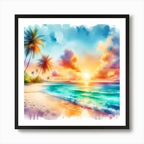 Watercolor Beach Sunset Art Print