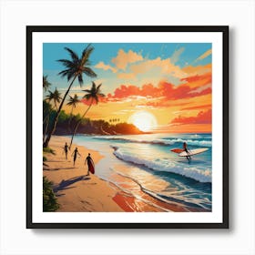 Surfers On The Beach Art Print