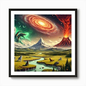 Dragon Volcano Wolf Meadow Art Print