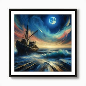 Capturing Maritime Mystique: Greg Rutkowski's Forgotten Fishing Boat - Moonlit Sky, Bold Strokes, and Intricate Details | Trending on ArtStation! Art Print