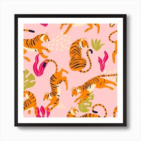 Tiger Pattern On Pink With Tropical Leaves Square Art Print