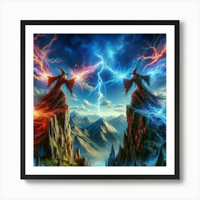 Two Wizards Fighting In The Mountains paintings art print Art Print