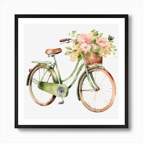 Green Bicycle With Flowers 1 Art Print