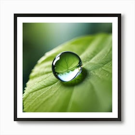 Close Up Of A Water Droplet Resting On A Vibrant Green Leaf, Reflecting The Surrounding Environment Art Print