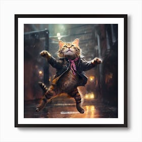 Joyful Cat Dancing In The Rain Art Print