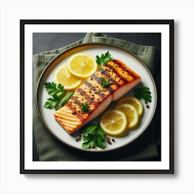 A delectable grilled salmon fillet, seasoned to perfection with a medley of aromatic herbs and spices, nestled atop a bed of fresh parsley, accompanied by vibrant lemon wedges, artfully arranged on an elegant ceramic plate, ready to tantalize the taste buds and satisfy the cravings of the most discerning seafood connoisseur. Art Print