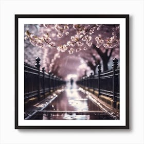 Black Railings lining Cherry Blossom Avenue Art Print