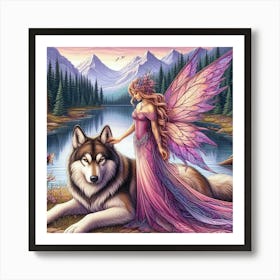 Fairy by the lake with a wolf  Art Print