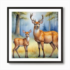 Deer And Fawn Watercolor Wildlife Art Print