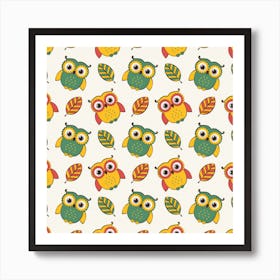 Background With Owls Leaves Pattern Art Print