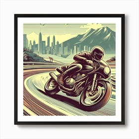 A Guy Riding A Motorcycle Fast Around A Curve Retro Art Stlye 3 Art Print