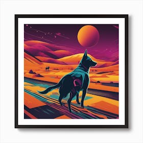 An Image Of A Dog Walking Through An Orange And Yellow Colored Landscape, In The Style Of Dark Teal (2) Art Print