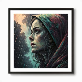 Emotive Portrait in the Rain - Stunning Digital Artwork for Dramatic Wall Decor Art Print