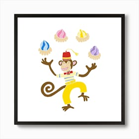 Monkey Juggling Ice Gems, Fun Circus Animal, Cake, Biscuit, Sweet Treat Print, Square Art Print