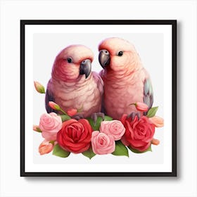 Couple Of Parrots With Roses Art Print